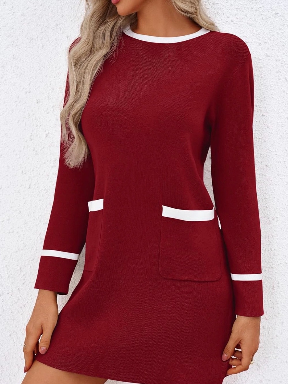 Women's Long Sleeve Beige Shift Dress with White Trim